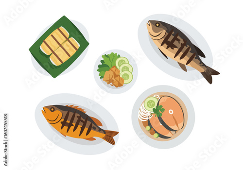 Flat Lay Traditional Grilled Fish Food and Seafood Dishes Illustration
