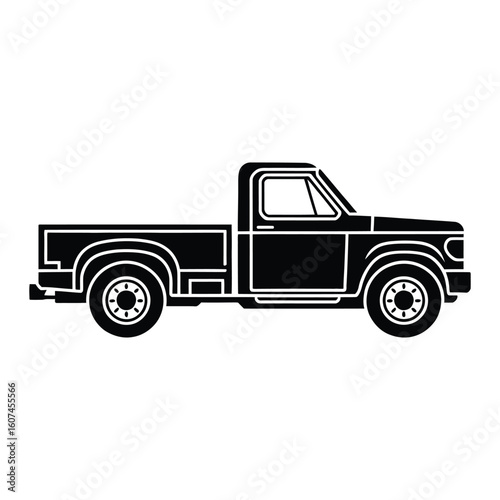 Pickup Truck Icon, Vector, Illustration, Outline, Line Art, Silhouette, Logo, White Background.