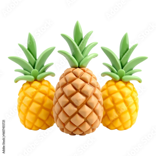 Three 3D Cartoon Pineapples on Transparent Background