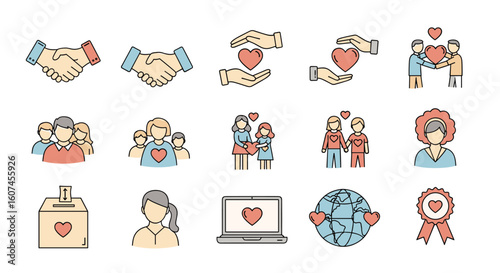 Collection of heartwarming and compassionate community support and volunteerism icons representing kindness and giving