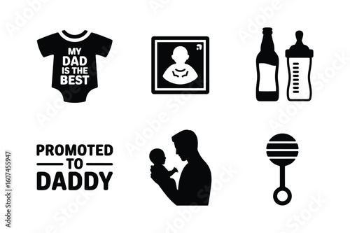 Fatherhood celebration icons baby clothes bottle and rattle baby bottle