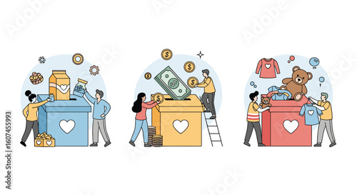 Illustrations of people contributing to charity donations for the less fortunate