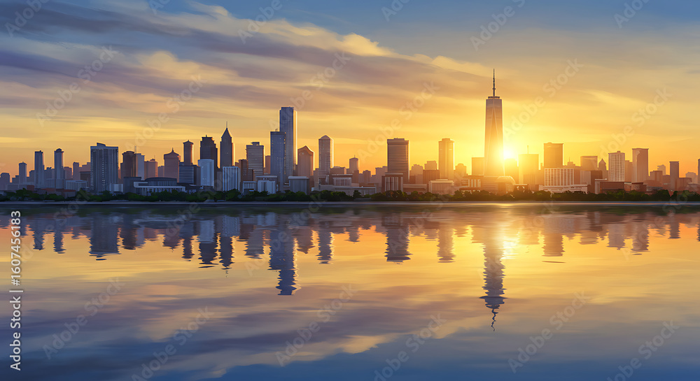Fototapeta premium Panoramic cityscape with skyline reflected on water, digital painting style