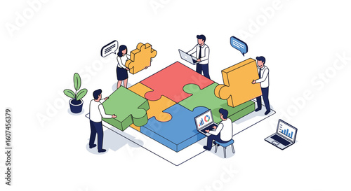 Illustrative depiction of diverse business professionals collaborating and assembling a complex puzzle signifying strategic planning and problem-solving solutions