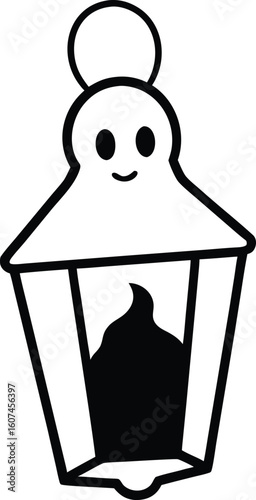 Mini Ghost Popping Out of a Lantern Black and White Doodle
