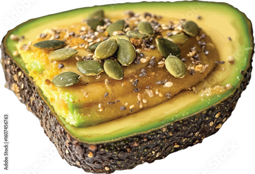 Ripe avocado half topped with seeds green yellow