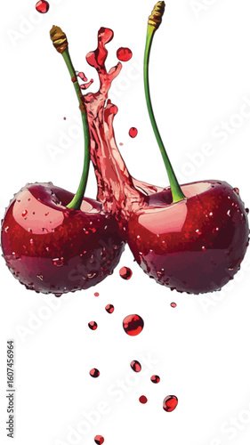 Ripe red cherries splashing juicy liquid fruit juice