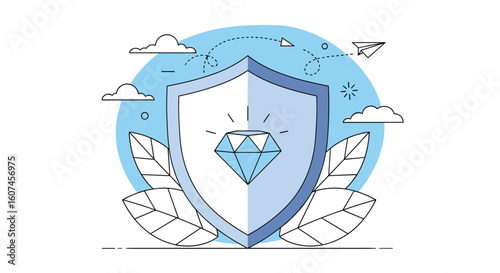Illustration of a shining diamond protected by a strong shield symbolizing security and valuable asset protection with subtle cloud and leaf motifs