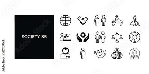 A collection of 35 line icons representing various aspects of society, including community, culture, and social interactions..eps