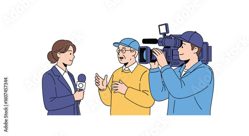 Journalist interviewing a person with a camera operator filming the conversation for a news report