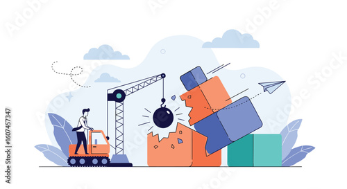 Construction project demolition and rebuilding with cranes and workers illustrating site development progress and transformation