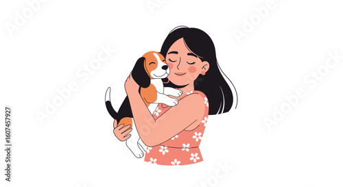 A young woman with dark hair is affectionately holding a beagle puppy close to her chest in a warm embrace