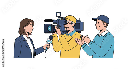 Journalists interview a person while a cameraman records the event