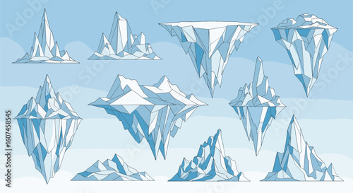 Diverse collection of floating ice formations and jagged peaks under a pale blue sky representing arctic landscapes