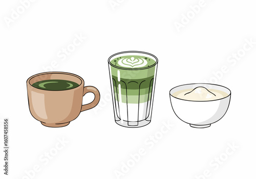 Flat Illustration Assortment Matcha Drink and Ingredient Still Life