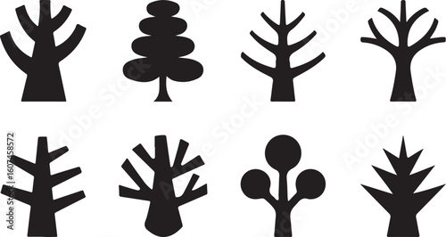 Abstract Geometric Tree Silhouette Vector Set – Modern Stylized Tree Icons in Black Minimal Design