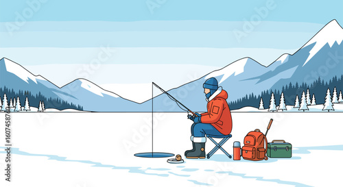 A solitary angler patiently waits for a catch on a frozen lake surrounded by majestic snow-covered mountains on a bright winter day