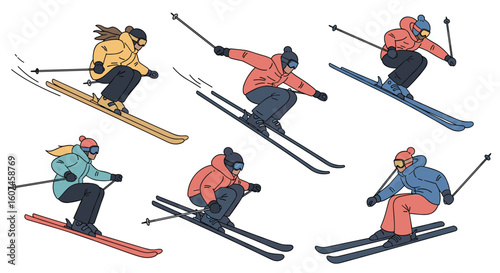 Dynamic skiers performing various tricks and maneuvers on snowy slopes during winter sports activity