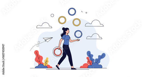 Illustrator woman walking while expertly juggling geometric shapes in a park landscape illustration with colorful plants and hills