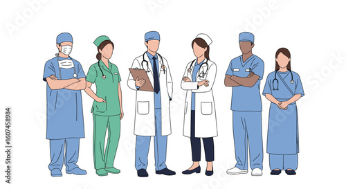 Diverse team of medical professionals standing together ready to provide excellent patient care and health services