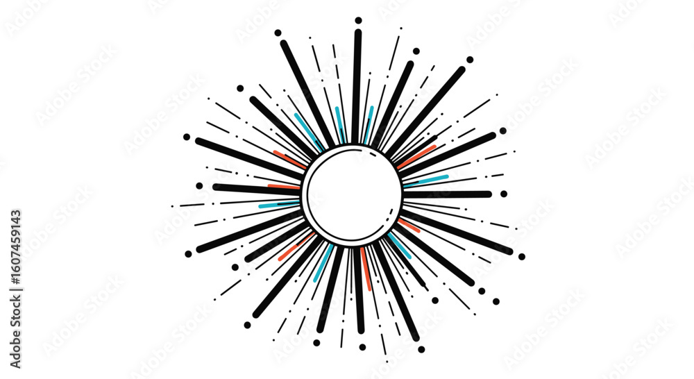Obraz premium Abstract radial burst of lines and dots emitting from a central circle creating a dynamic bursting starburst effect with colorful accents