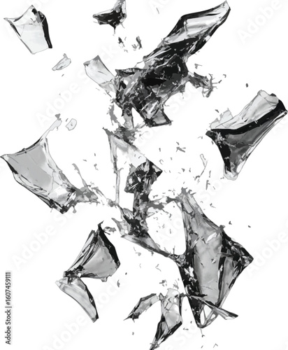 Shattered glass fragments flying broken sharp