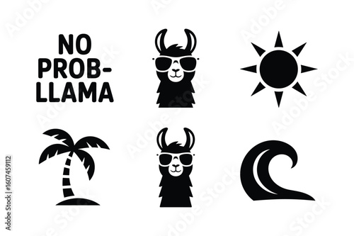 No prob llama summer vacation icons sunglasses palm tree