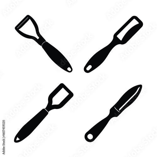 Kitchen Tools Silhouettes – Black Vector Icon Set of Vegetable Peelers and Paring Knives for Cooking, Food Prep, and Culinary Design