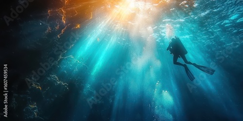 A scuba diver explores vibrant underwater caves illuminated by sunlight filtering through clear blue water.