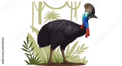 A cassowary in rainforest, vector colorful dangerous bird, white background