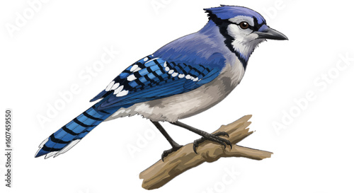 A blue jay sitting on branch, vector rich colors, white background