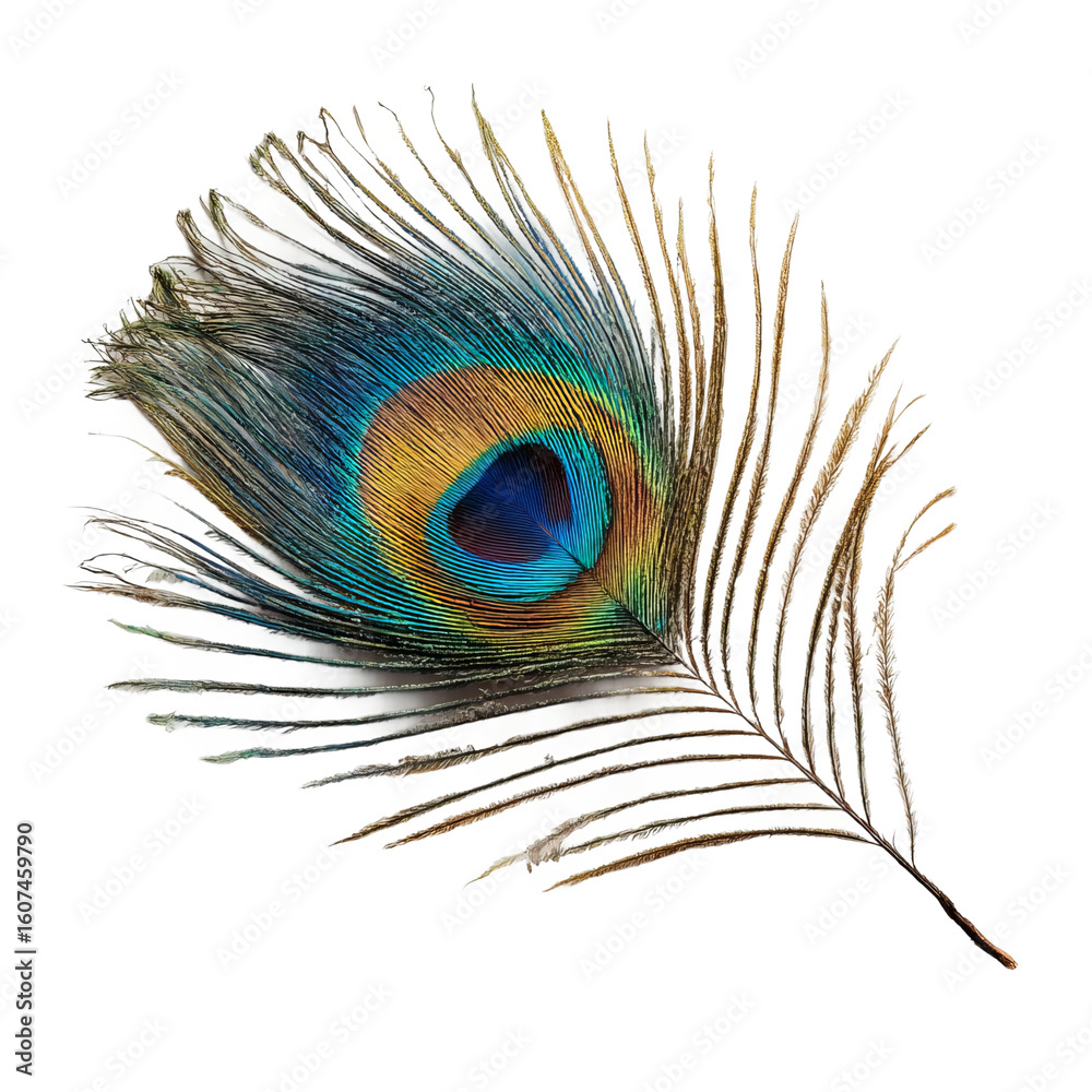 Obraz premium Exquisite Peacock Feather: Intricate patterns and iridescent hues of a peacock feather in a studio shot. This macro view details the beauty and elegance of nature's artwork.