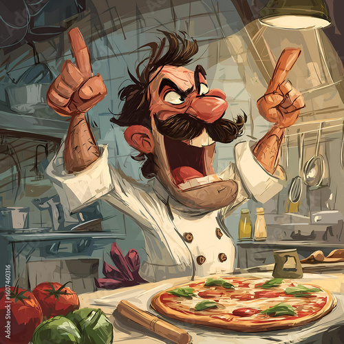 Cartoon like character, a super energetic chef with an oversized moustache, expressive face showing happiness over a pizza