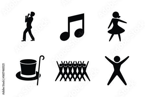 Silhouette figures dancing music note top hat cane group celebration vector