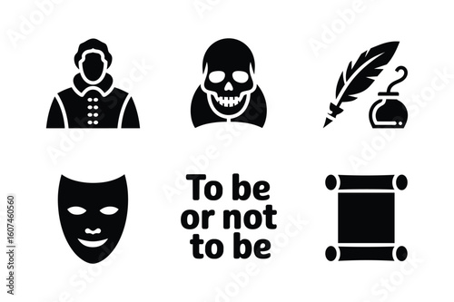 Silhouette icons of Shakespearean themes including a man a skull a mask a quill and inkwell a scroll and text