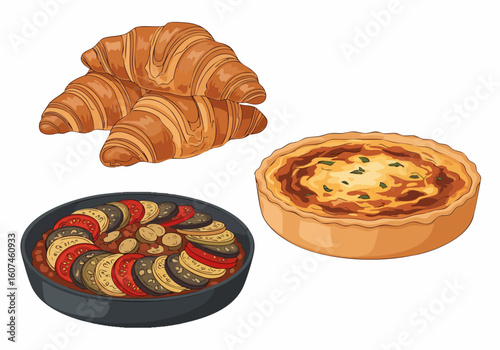 Flat Lay Delicious French Cuisine Ratatouille Croissant Quiche Food Illustration