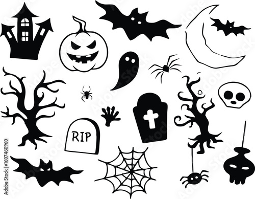Halloween icons haunted house pumpkin ghost bats spider web moon