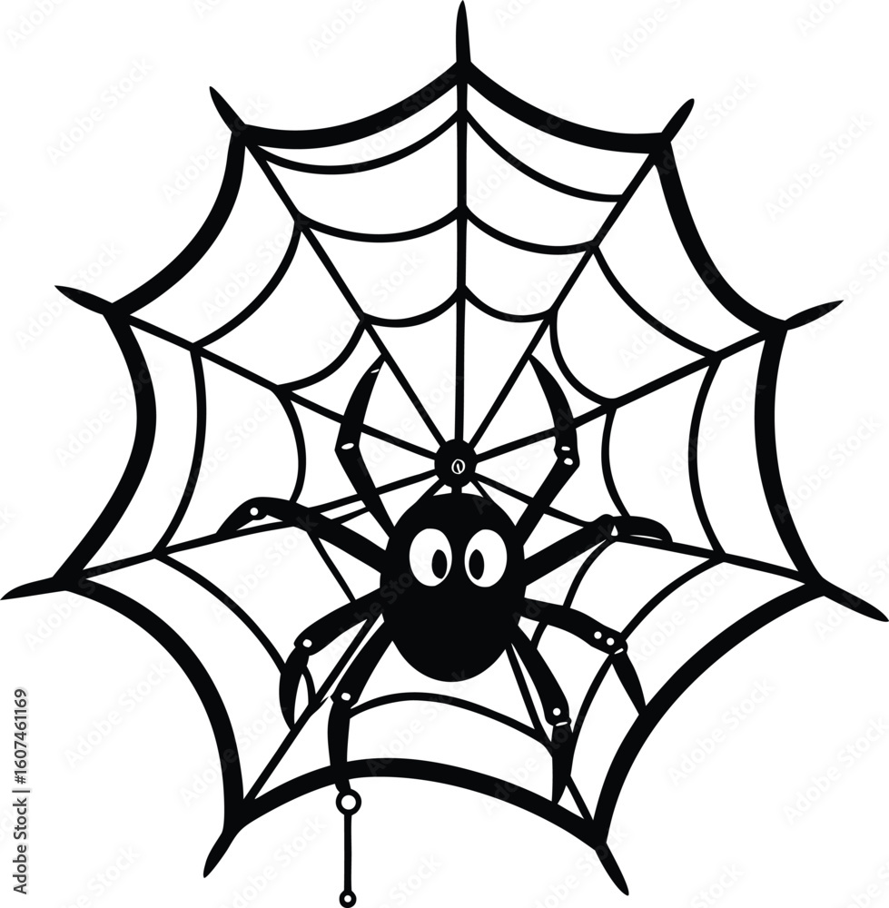 Fototapeta premium Spider Web with a Dangling Spider Black and White Doodle