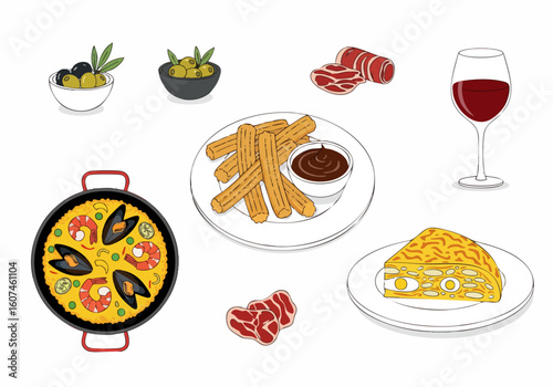 Hand Drawn Colorful Spanish Cuisine Food and Drink Illustration