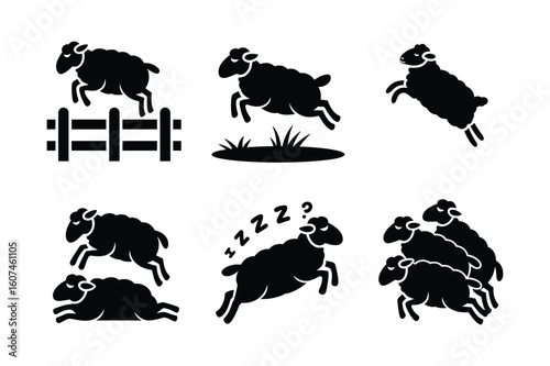 Silhouette sheep jumping over fence and grass sleeping confused and in a group vector