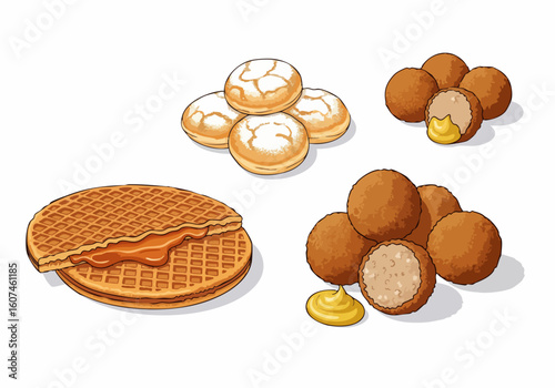 Detailed Handdrawn Dutch Pastries and Snacks Food Illustration