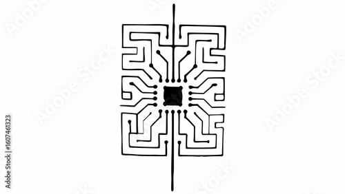 Stylized computer chip illustration with connecting lines and central square in black and white style created with generated ai