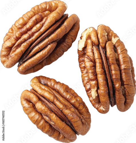 Three pecan halves brown textured nuts
