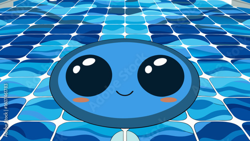 A cute blue blob with big eyes and a smile on a blue tiled floor with white grout lines background created with generated ai