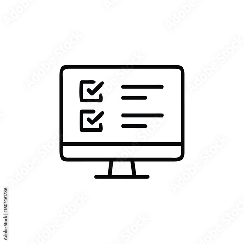 Outline icon computer screen with checklist checkmarks monitor