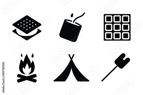 Smores campfire tent waffle and roasting fork icons vector