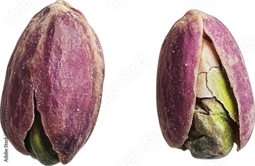 Two pistachios one shelled one partially shelled nuts food