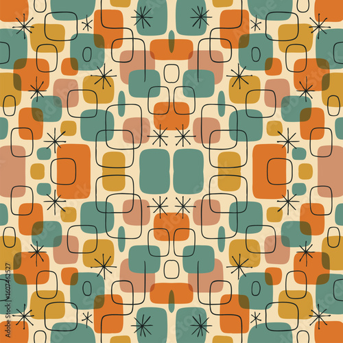Mid-century modern seamless pattern featuring atomic starbursts and organic rounded squares in a retro color palette. Ideal for vintage designs, textiles, and nostalgic backgrounds
