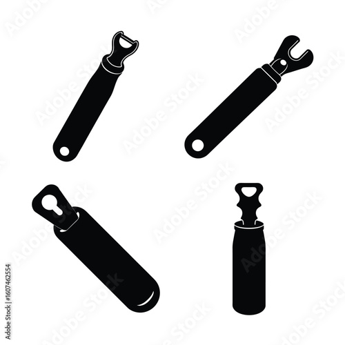 Kitchen Tools Silhouettes – Can Opener and Bottle Opener Icon Set Isolated on White Background