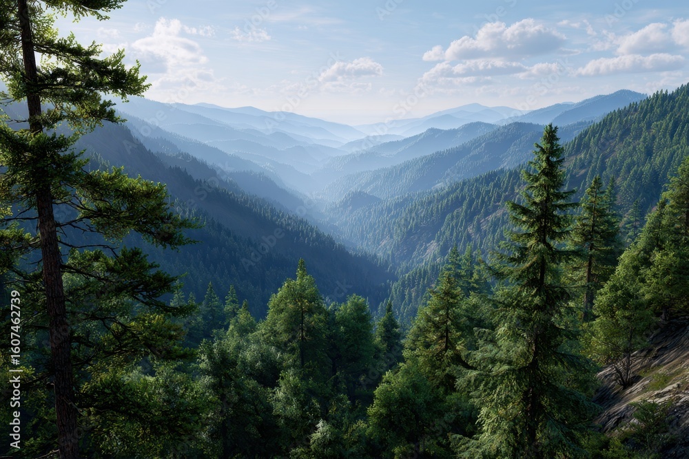 Majestic mountain valley vista with lush green pine trees under a hazy blue sky Majestic mountain valley vista with lush green pine trees under a hazy blue sky